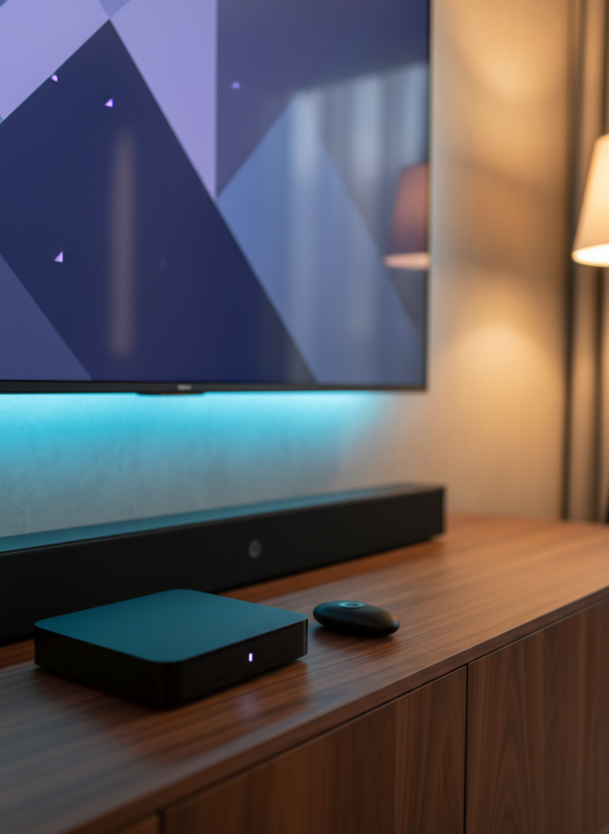 A stylish living room media console showcasing entertainment-focused home gadgets: a slim 4K streaming box with a matte black finish and a minimal LED indicator placed beside an elegantly curved soundbar with fine fabric mesh, and a compact smart remote resting on a dark walnut surface. Behind them, a large wall-mounted TV is softly out of focus, displaying a muted home screen interface. Ambient LED backlighting behind the TV creates a soft halo of cool blue light on the wall, while a floor lamp off-frame adds gentle warm highlights to the wood grain. Shot straight-on at eye level with a moderate depth of field, the scene feels modern, comfortable, and technology-forward, matching a professional gadgets review site in realistic photographic style.