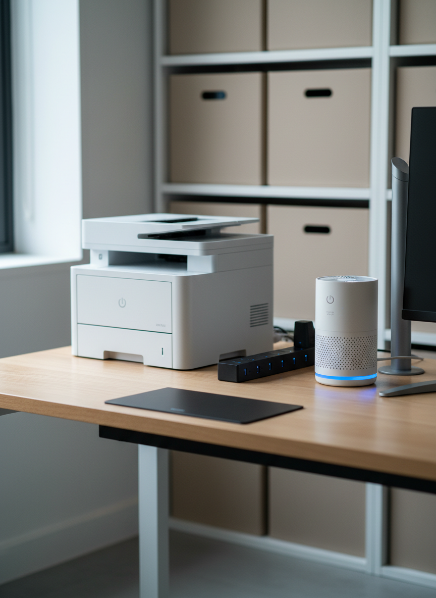 A compact, modern office corner filled with productivity-boosting home gadgets: a matte white smart printer with a minimal control panel, a slim black surge protector with individually switchable outlets, a silent mini air purifier with a soft glowing status ring, and a wireless charging pad built into the edge of a light wood desk. Cool, diffused daylight streams from a nearby unseen window, producing soft shadows and subtle reflections on the desk surface. The background shows tidy shelving with neatly arranged storage boxes, slightly blurred to maintain focus on the devices. Photographed from a three-quarter angle with balanced composition and sharp clarity, the atmosphere is focused, organized, and professional, ideal for an Amazon gadgets recommendation blog in a realistic photographic style.