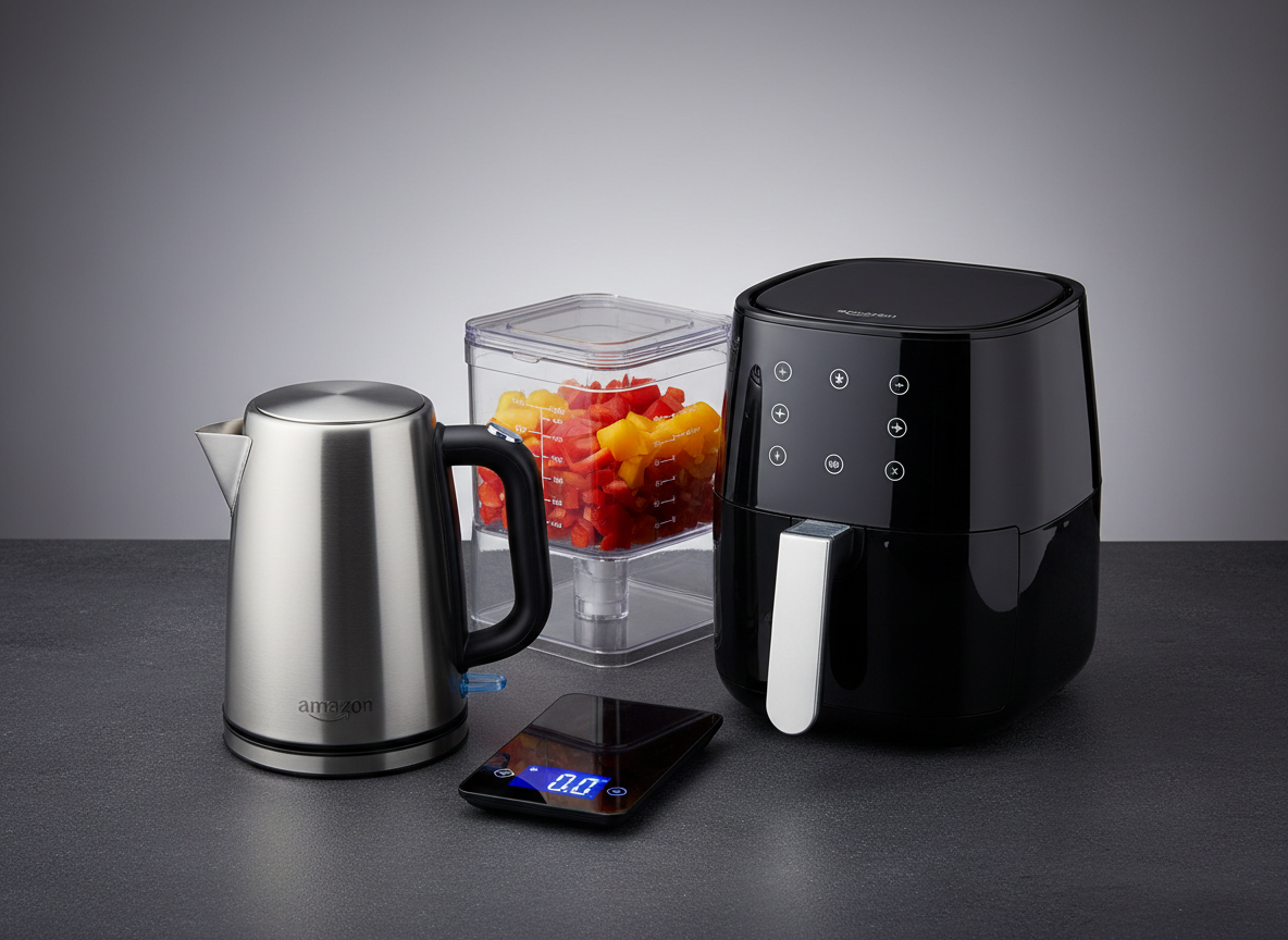 An array of top-rated Amazon kitchen gadgets laid out on a dark slate countertop: a brushed stainless steel electric kettle with digital temperature display, a compact black air fryer with a glossy control panel, a slim smart kitchen scale with a luminous white LED readout, and a multifunctional vegetable chopper with clear measuring markings. Overhead, cool yet soft studio lighting reveals textures and polished surfaces without harsh reflections, creating crisp, well-defined shadows. The background gently fades into a neutral gradient, keeping focus entirely on the products. Shot from a slightly elevated angle with sharp focus throughout, the image emphasizes product details and build quality, reflecting a professional, comparison-style gadgets blog in realistic photographic style.