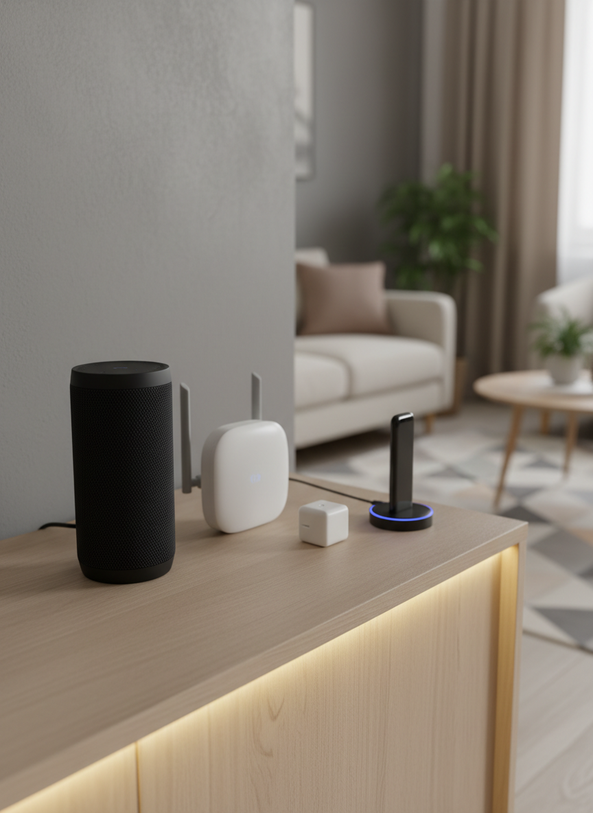 A meticulously arranged collection of smart home gadgets displayed on a clean, light oak console table against a soft gray wall. A sleek black smart speaker with a subtle fabric texture sits beside a compact white Wi-Fi router, an elegant smart plug, and a glossy black streaming stick in its charging dock. Warm, indirect LED strip lighting runs beneath the edge of the table, casting gentle shadows and highlighting each device’s contours. In the blurred background, a minimalist living room setup with neutral tones reinforces an orderly, professional aesthetic. Photographed at eye level with a shallow depth of field, the scene feels modern, organized, and trustworthy, perfectly suited to a premium home gadgets review blog with a photographic realism style.