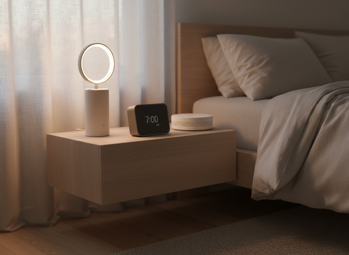 A tranquil bedroom corner showcasing smart home comfort gadgets: a minimalist white smart lamp with adjustable color temperature glowing warm amber on a floating wood nightstand, next to a compact gray smart alarm clock with a subtle e-ink display and a discreet white noise machine with tiny perforated speaker holes. Soft evening light filters through a sheer curtain, complemented by the lamp’s warm glow, creating layered, gentle shadows. Linen bedding in muted beige tones appears blurred in the background. Captured from a low, bedside perspective with a shallow depth of field, the composition feels cozy yet sophisticated, aligning with a professional home gadgets blog that emphasizes comfort, practicality, and photographic realism.