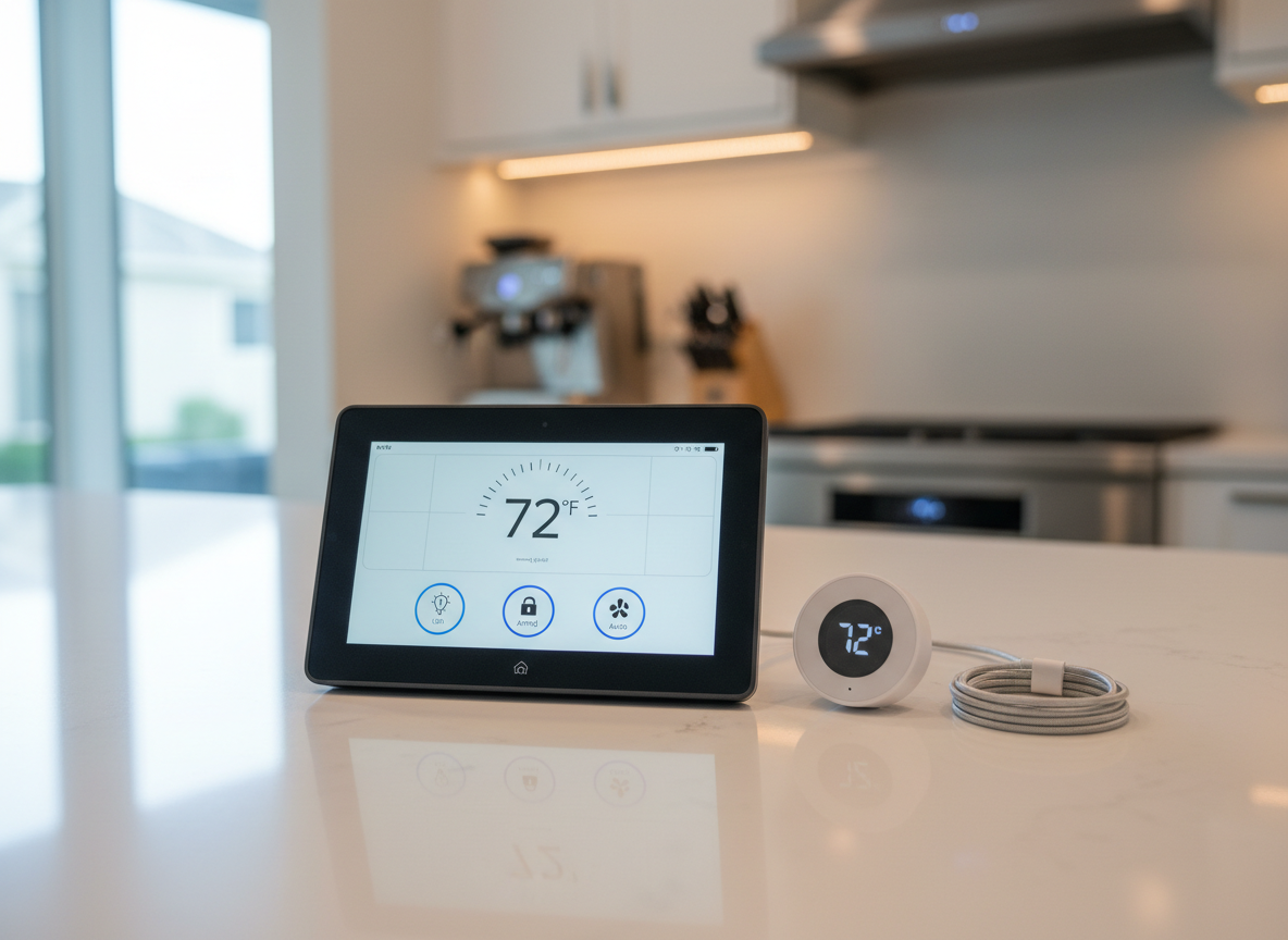 A close-up of an advanced smart home hub with a bright, sharp touchscreen displaying a clean dashboard of home controls: temperature, lights, and security icons. The device has a matte charcoal frame and sits on a smooth white quartz kitchen island, beside a neatly coiled braided USB-C cable and a compact smart temperature sensor. Cool daylight from a nearby window illuminates the screen without glare, while under-cabinet warm LEDs give subtle reflections on the countertop. The composition uses the rule of thirds, with the hub slightly off-center and the background kitchen appliances softly blurred. The mood is efficient and professional, evoking confidence in tech recommendations, captured in high-resolution photographic realism.