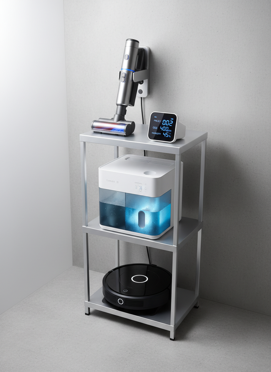 A highly organized utility shelf featuring cleaning and maintenance gadgets for the home: a cordless handheld vacuum with a metallic silver finish clipped into its slim charging base, a compact robot vacuum docked at floor level with a matte black housing, a digital air quality monitor showing clear readouts, and a smart dehumidifier with a translucent water tank softly lit from within. Neutral white studio lighting from above and slightly to the side provides even illumination and clean, defined edges. The background is a smooth, light concrete wall that adds subtle texture without distraction. Photographed at a slightly elevated angle with balanced composition, the scene communicates efficiency, order, and expert curation in a clean, modern, realistic photographic style.