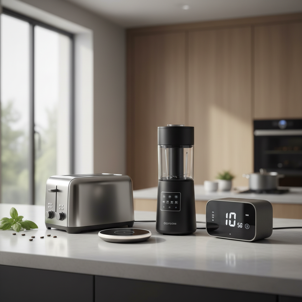 Square hero-style image of curated everyday kitchen gadgets with a modern tech vibe: matte-black blender, stainless steel toaster, smart mug warmer, and digital kitchen timer arranged neatly on a neutral kitchen island, soft daylight, photographic realism