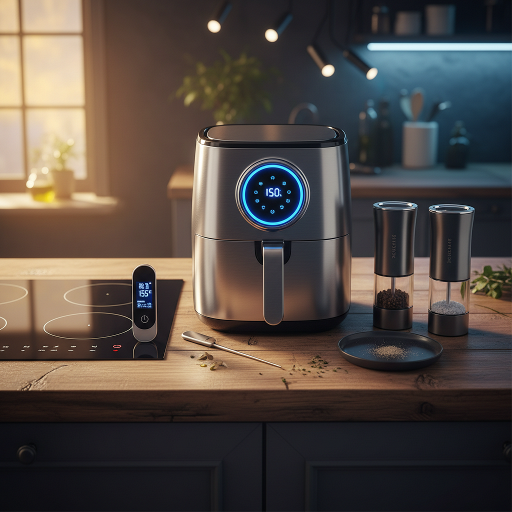 Square cover image of elegant everyday kitchen gadgets with a techy touch: smart air fryer, digital thermometer, induction cooktop control panel, and sleek salt and pepper grinders on a wooden countertop, warm-cool mixed lighting, photographic realism