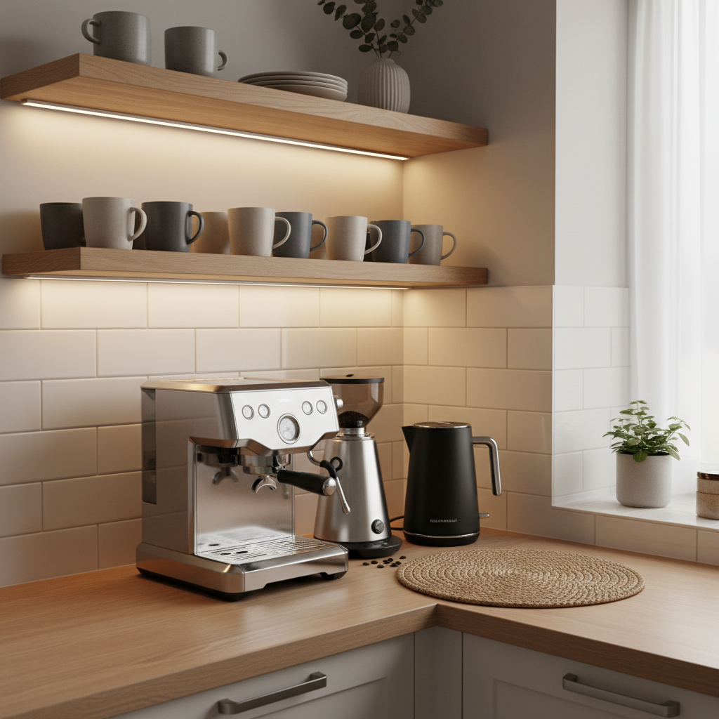 Square image of a cozy, modern kitchen corner with everyday gadgets: a coffee station with espresso machine, grinder, smart kettle, and neatly arranged mugs on open shelves, warm ambient lighting, photographic realism